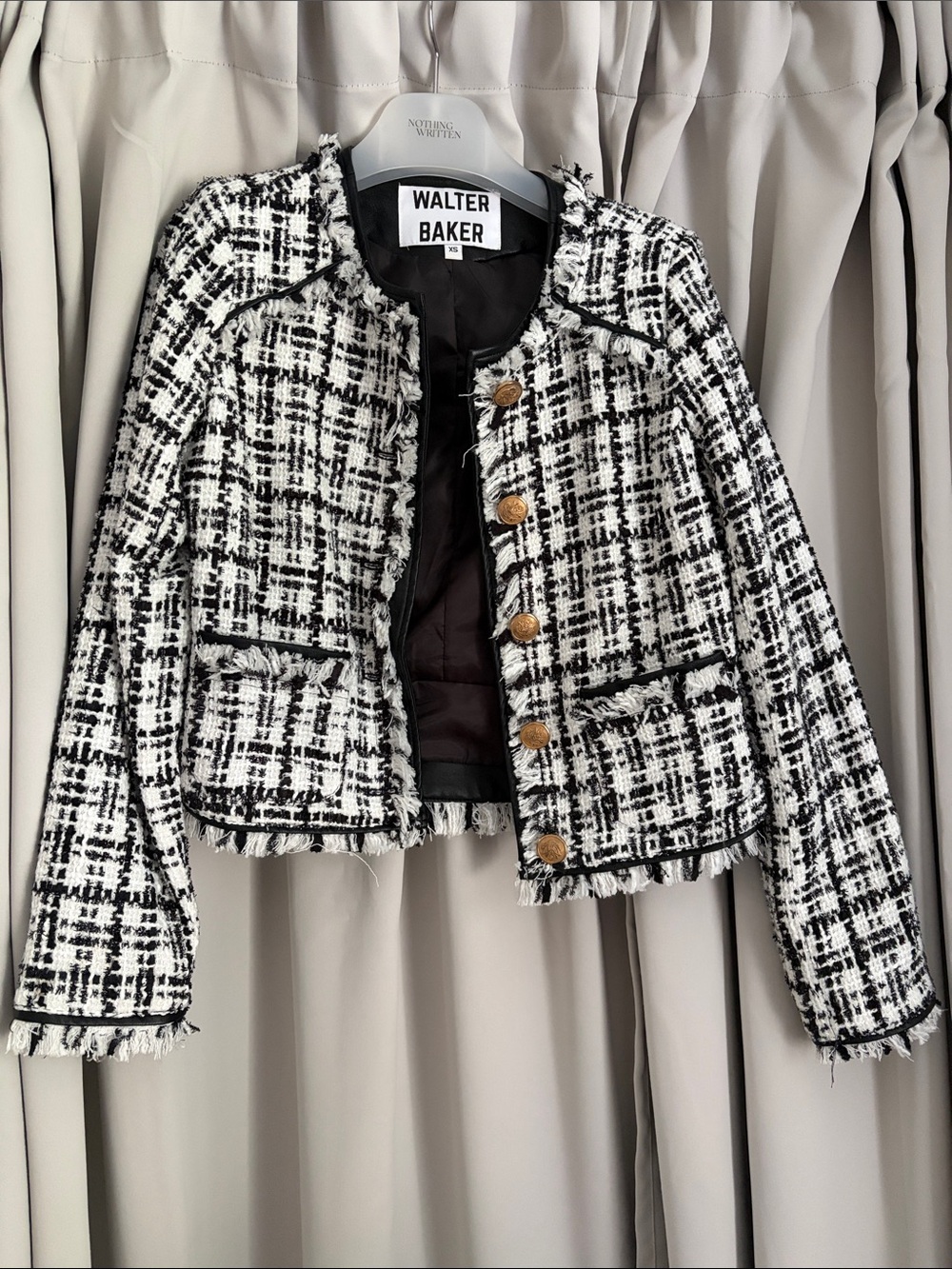 Walter Baker Black and White Tweed Cropped Jacket with Gold Buttons